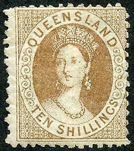 Queensland SG126 10/- bistre-brown M/M Cat 950 pounds