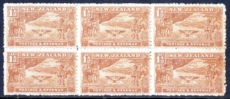 NEW ZEALAND — SCOTT 101 (SG 275b)— 1907 1½d BOER WAR WMK 63— MNH BLK/6— SCV $210