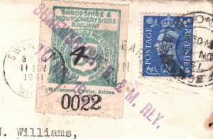 GB WW2 Cover *SHROPSHIRE MONTGOMERYS RAILWAY* Rare 4d/3d Stamp Shrewsbury R143b 