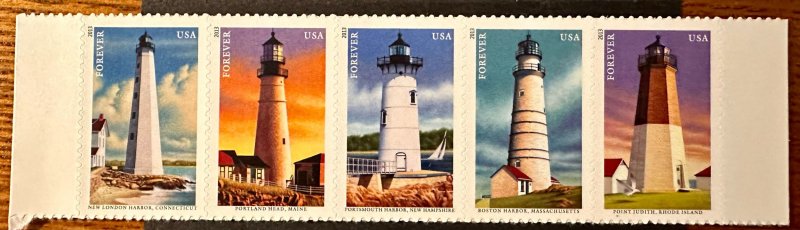 US # 4795a New England Coastal Lighthouses  strip of 5 forever 2013 Mint NH