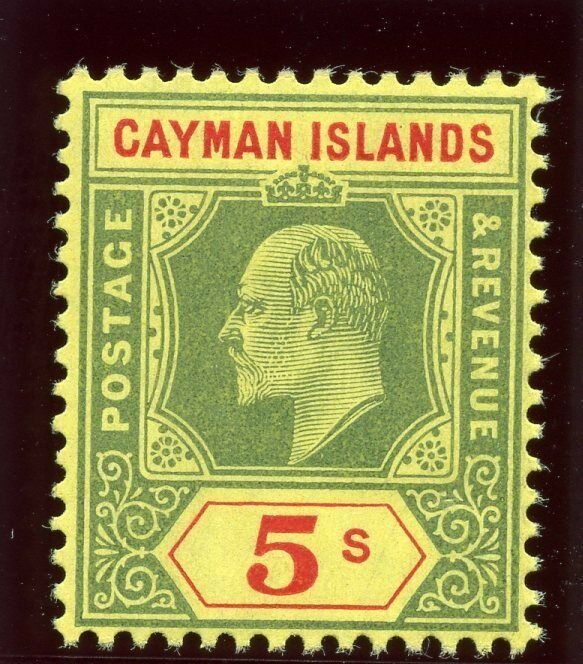Cayman Islands 1908 KEVII 5s green & red/yellow MLH. SG 32. Sc 28.