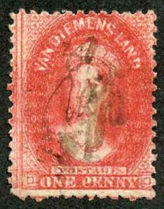 Tasmania SG70 1d Carmine Perf 12 DOUBLE PRINT (pen cancel)