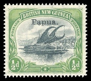 Papua 1906 Lakatoi ½d black & yellow-green (thin paper - C) MLH. SG 38. Sc 19.