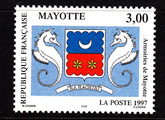 Mayotte MNH Scott #86 3fr Coat of Arms - seahorses