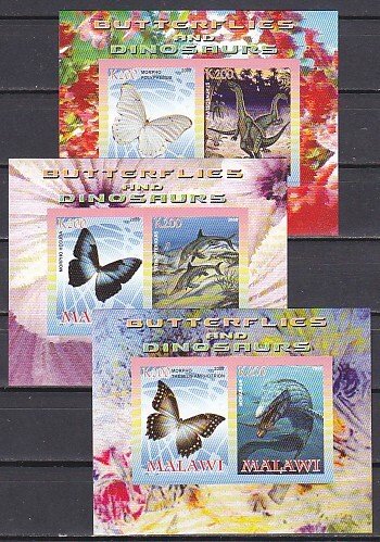 Malawi, 2008 Cinderella issue. Butterflies & Dinosaurs, 3 IMPERF sheets of 2.