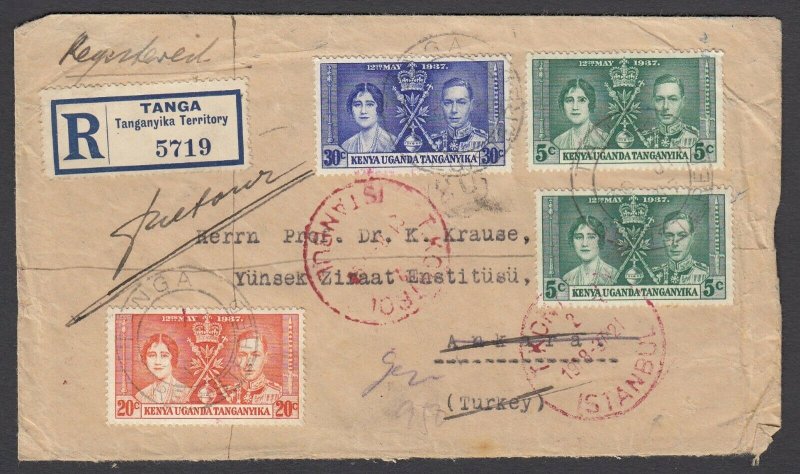 KUT, Sc 60-62 (SG 128-130), 1937 registered cover to TURKEY (returned to Tanga)