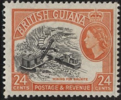 British Guiana 261 (mh) 24c bauxite mining, org & black (1954)