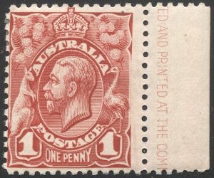 AUSTRALIA 1913 1d KGV  Engr, Sc 17, MLH  F Imprint margin single