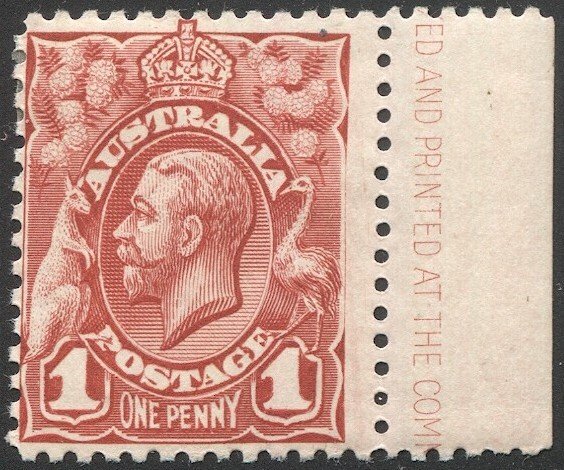 AUSTRALIA 1913 1d KGV  Engr, Sc 17, MLH  F Imprint margin single