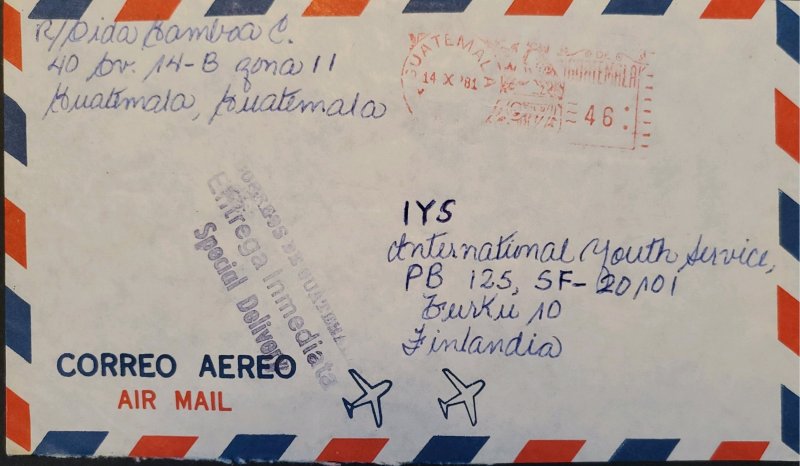 A) 1981, GUATEMALA, SPECIAL DELIVERY, METER STAMP, SHIPPED TO FINLAND, AIRMAIL