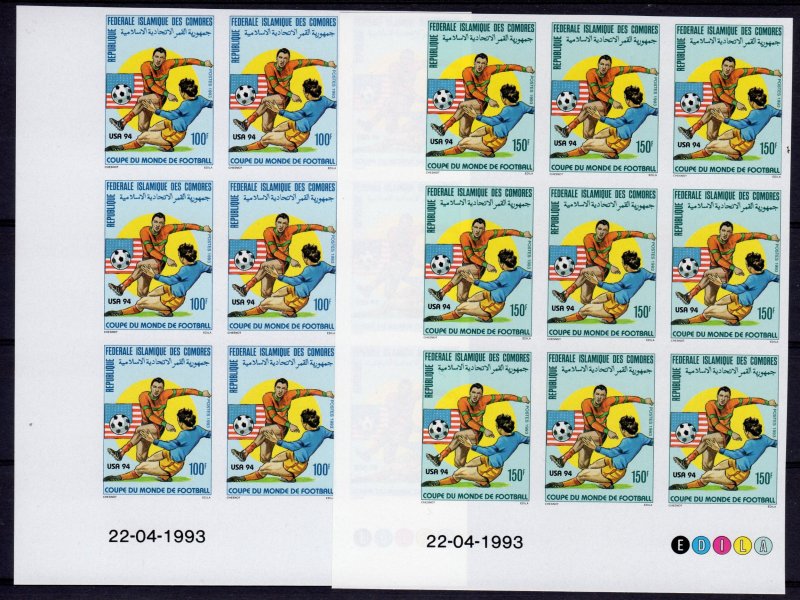 Comoro Islands 1993 Sc#801/804 World Cup USA '94 Block of 9 IMPERFORATED MNH