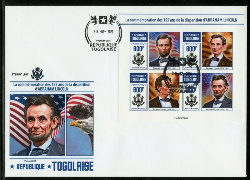 TOGO 2020 155th MEMORIAL ANNIVERSARY OF ABRAHAM LINCOLN IMPRF SHEET FDC