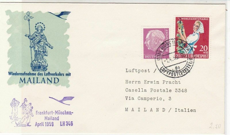 Germany 1959 Frankfurt-Milan Slogan Statue Picture Flight Stamps Cover Ref 27204