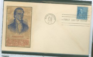 US 810 5c James Monroe (single) part of the 1938 Presidential Series (prexy) on unaddressed FDC with an unknown colored cacheted