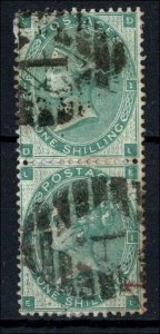 GB 1862 1s deep green sg89 vgu pair, partly on piece, '4' numeral and part red