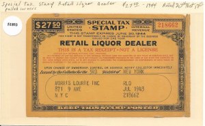 $27.50 Retail Liquor Dealer Special Tax Stamp 1943-1944 (51893)