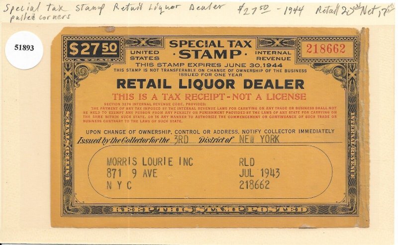 $27.50 Retail Liquor Dealer Special Tax Stamp 1943-1944 (51893)