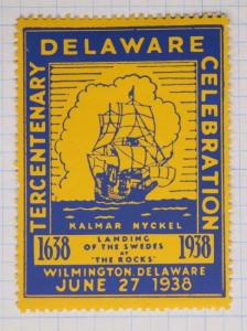 Delaware Tercentenary Celebration Kalmar Nyckel Swede Ship Poster stamp art 1938