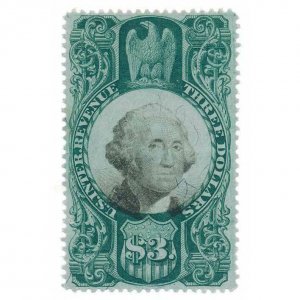 1872 R147 $3 U.S. Internal Revenue, Third Issue, XF, Washington, Green & Black