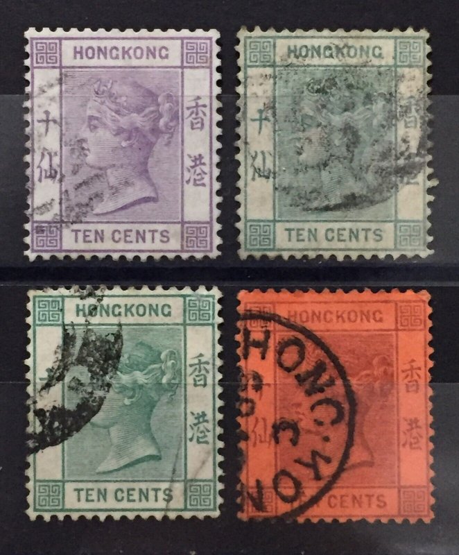 HONG KONG 1882 QV 4V of 10c Varieties wmk CA Used HK4582