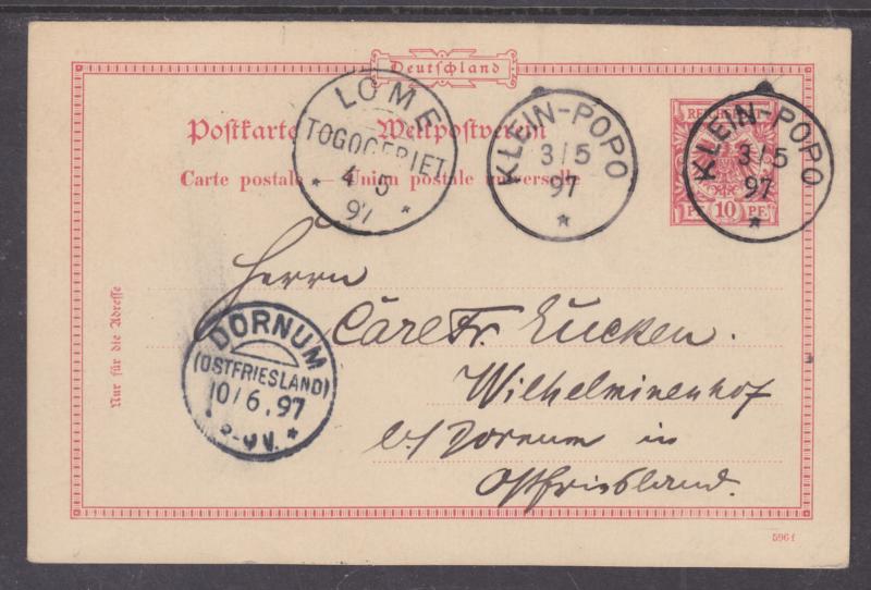 Togo Mi P10 used 1897 10pf Postal Card, KLEIN-POPO to DORNUM