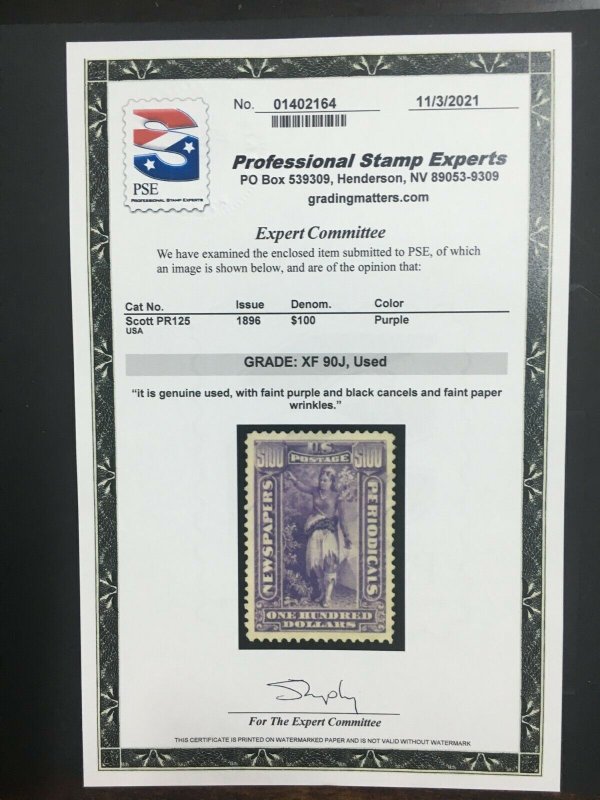 MOMEN: US STAMPS #PR125 NEWSPAPER USED PSE GRADED CERT XF-90J