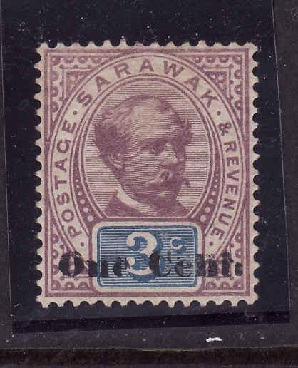 Sarawak-Sc#27-unused very light hinged 1c on 3c lil & bl-1897-Sir