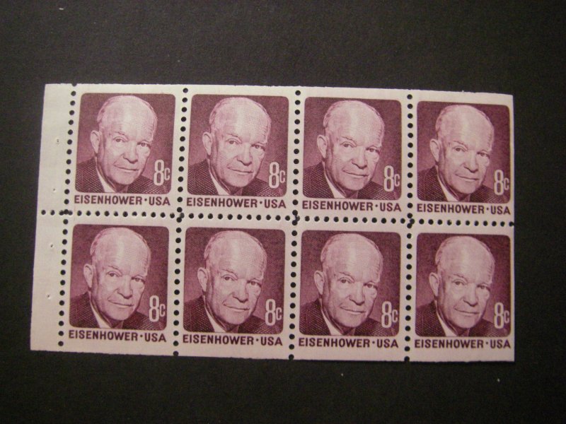 Scott 1395a, 8c Eisenhower, Pane of 8, shiny gum with plain tab, MNH Beauty