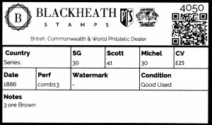 4050: Series: SG30 3 ore Brown 1886. Sc#41 Mi30 Good Used. C£25