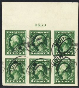 408, Used 1¢ Superb Top Plate Block of Six Stamps * Stuart Katz