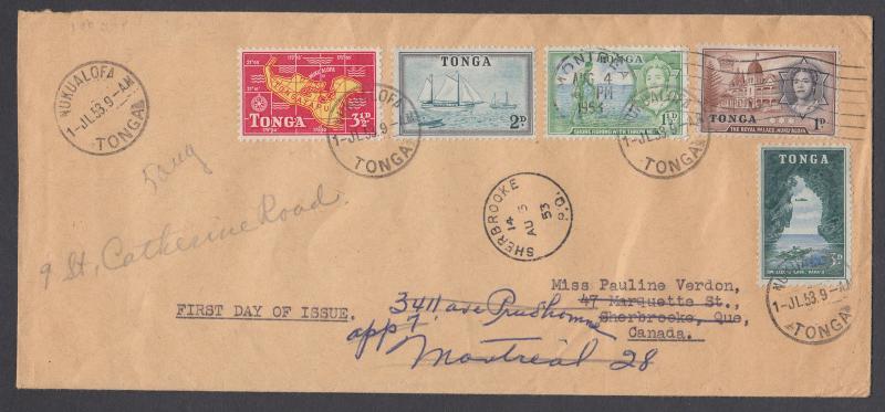 Tonga Sc 100-104 FDC. 1953 definitives, first 5 values, forwarded to Montreal