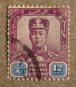 Malaya Johore 1921 12c Sultan Ibrahim, used. Scott 111, CV $1.60. SG 113