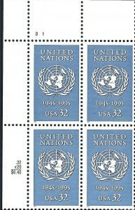 U.S.#2974 United Nations 32c Plate Block of 4, MNH
