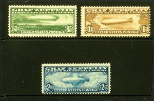 US Stamps # C13-15 Graf Zeppelin Set MH OG Av to Superb 