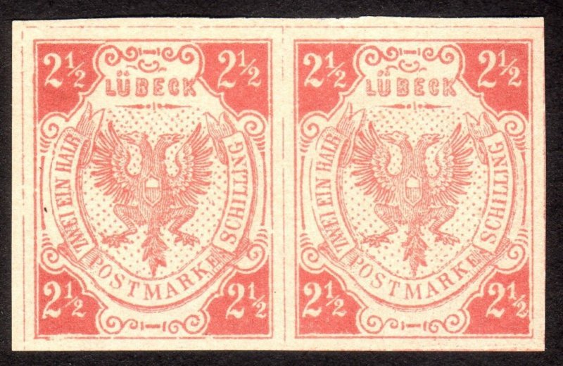 1859, Germany Lubeck, 2 1/2Sch, MNH pair, Sc 4, Modern Forgery