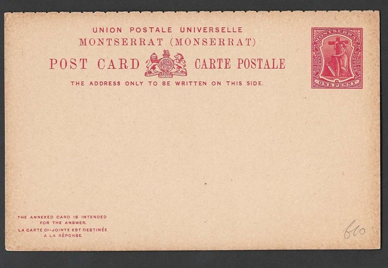 Montserrat 1903 Postal reply card 1d+1d carmine (harp) on buff H&G8 fine unuse 
