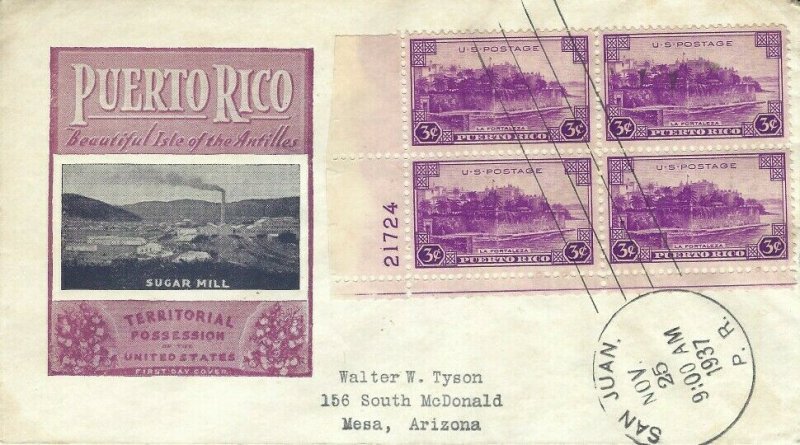 801 3c PUERTO RICO - Ioor - Plate block of 4