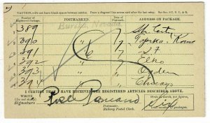 1911 Romano, NV (DPO) cancel on registered package receipt card