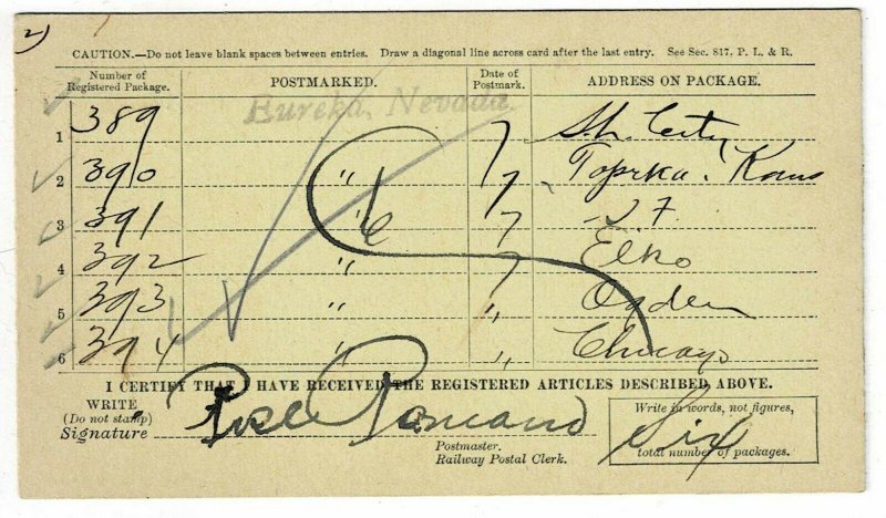 1911 Romano, NV (DPO) cancel on registered package receipt card