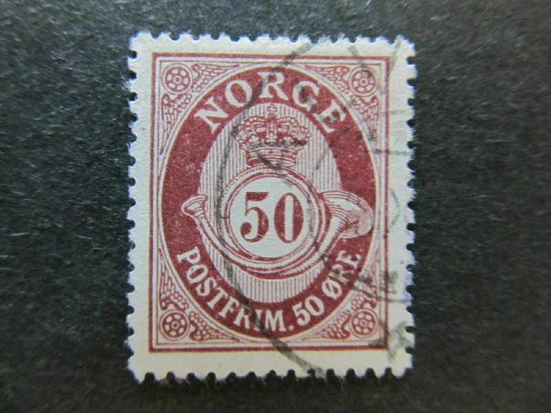 A5P28F51 Norway 1910-29 WMK Post Horn 50o Redrawn Perf 14 1/2x13 1/2 used-