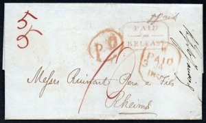 1846 Entire with octagonal PAID / AT / BELFAST in red, mansucript calculation