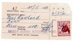 South Africa 1959 Sc 222 Black Wildebeest used for receipt at Missionary Home