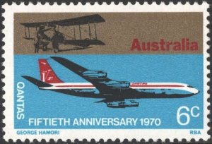 Australia SC#491 6¢ QANTAS Aircraft: Boeing 707 and Avro 504 (1970) MNH