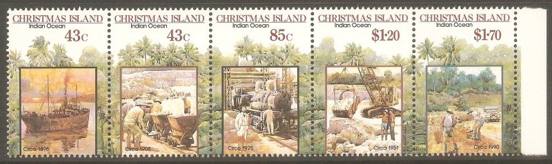 CHRISTMAS ISLAND Sc# 302a MNH FVF 5-Strip Ship Locomotive Dredge Palm Trees