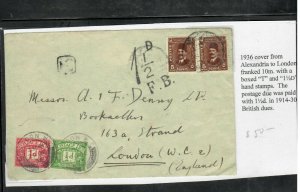 EGYPT (P2905B) 1936 KING 2M PR ON COVER TO ENGLAND SHORT PAID POST DUE 1/2D+1D 