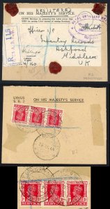 India 1944 Registered OHMS on an Officially re-used envelope