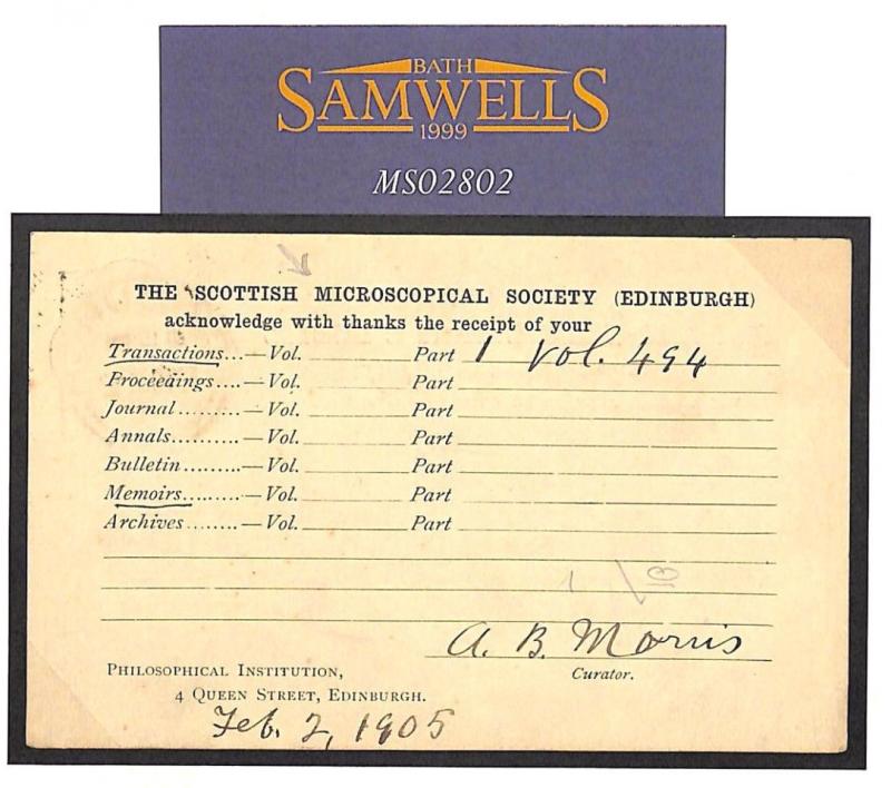 GB STATIONERY*Scottish Microscopical Society*Card SCIENCE MICROSCOPE 1905 MS2802