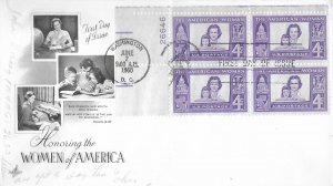 1960 FDC, #1152, 4c American Woman, Art Craft, plate block of 4