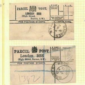 GB DOWNEY FRANKING *Barnes* Parcel Post Labels{4} Middx {samwells-covers}AG58