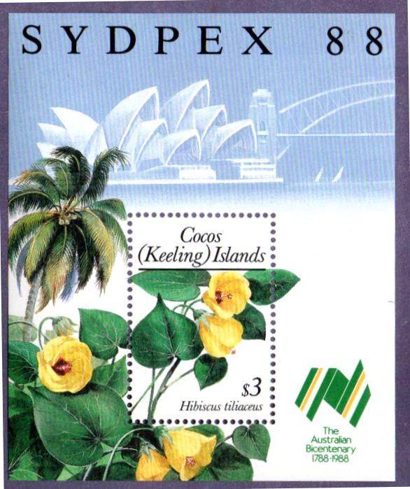 COCOS ISLAND 199 MH S/S SCV $9.00 BIN $4.25 HIBISCUS FLOWERS
